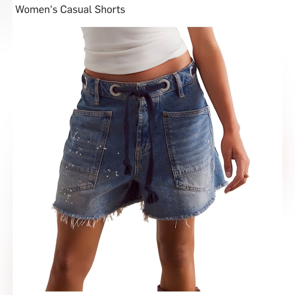 Free People Blue Distressed Denim Jean Shorts with Rope Tie - Picture 2 of 8
